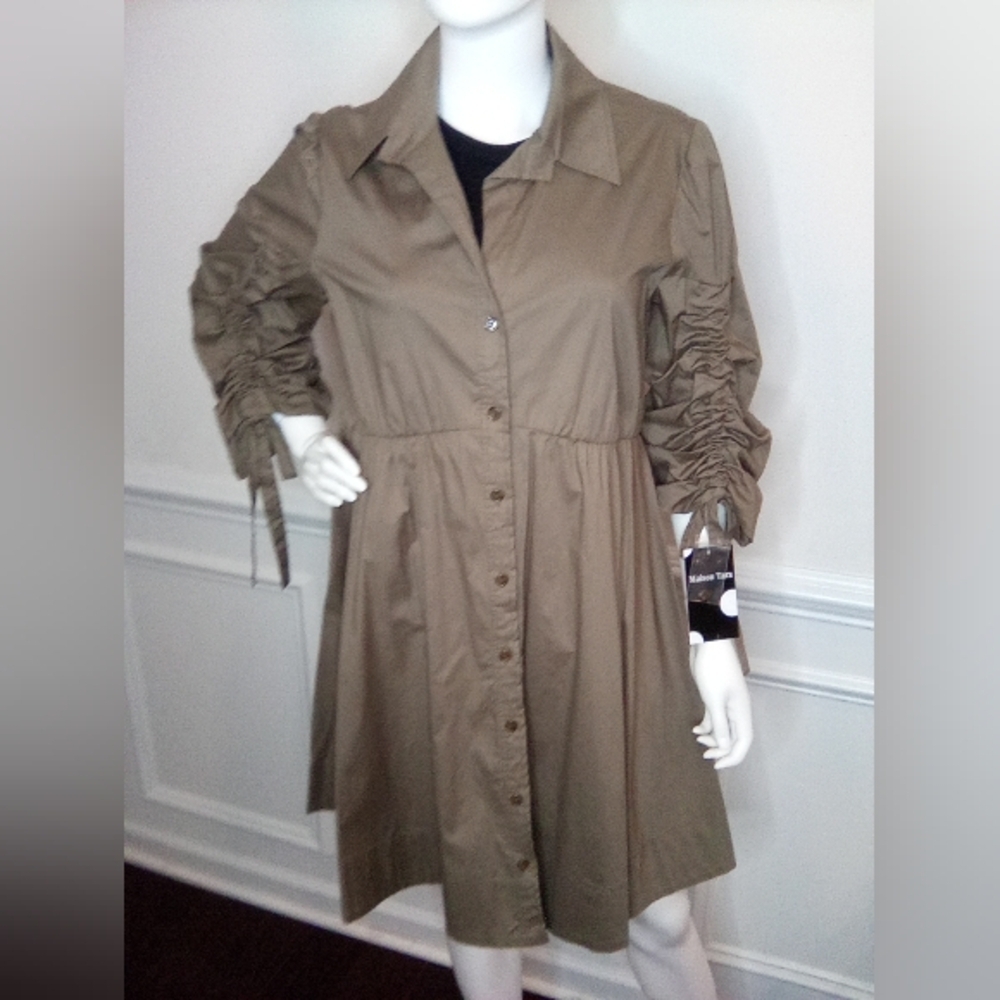 Women's MaisonTara 3/4 Sleeve Collared Shirt Dress, SizeXL, Olive, NEW - Picture 11 of 16
